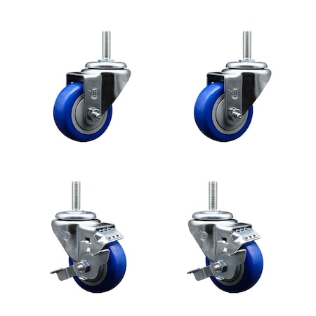 Service Caster 3 Inch Blue Polyurethane Wheel Swivel 34 Inch Threaded Stem Caster Set 2 Brakes SCC SCC-TS20S314-PPUB-BLUE-34212-2-TLB-2